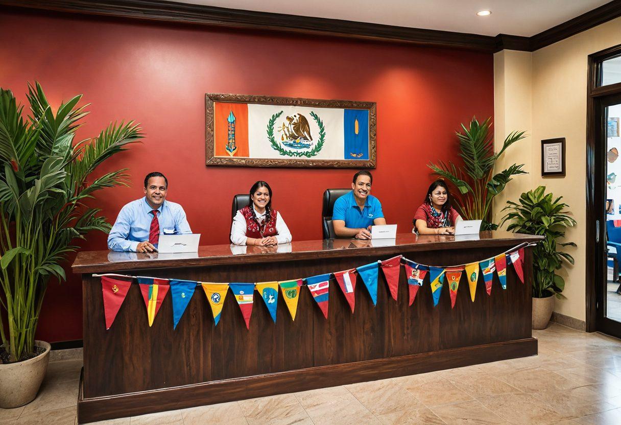 A warm and welcoming scene of a Guatemalan embassy front desk with friendly staff assisting diverse visitors. Include colorful Guatemalan decorations and flags in the background, showcasing the joy and community spirit associated with consular services. Highlight smiling faces, cultural artifacts, and a vibrant atmosphere. Add soft natural lighting for a friendly feel. super-realistic. vibrant colors.