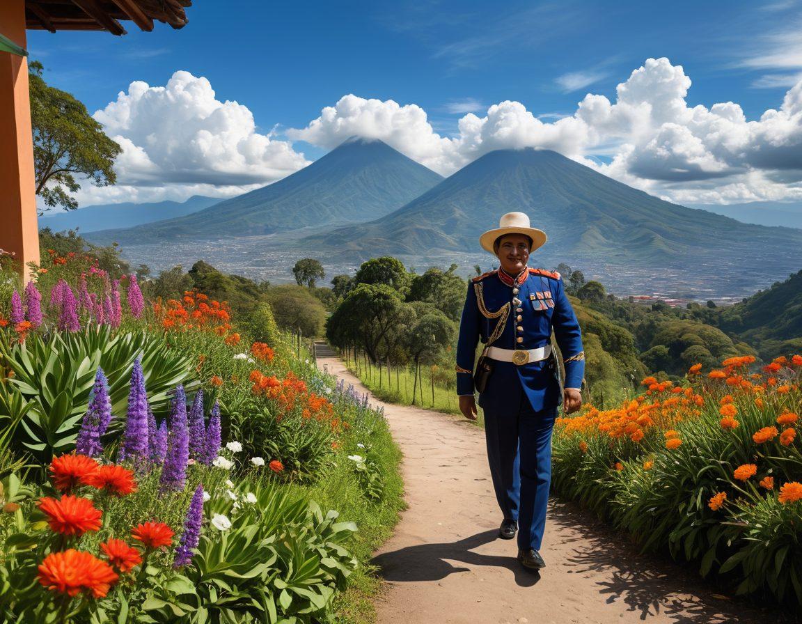 A serene landscape of Guatemala showcasing its stunning natural beauty, with lush green mountains and vibrant wildflowers. In the foreground, a friendly consular officer gestures welcomingly, symbolizing support and guidance. Traditional Guatemalan architecture can be seen in the background, adding cultural richness. The sky is a brilliant blue, filled with fluffy white clouds, evoking a sense of peace and satisfaction. super-realistic. vibrant colors. 3D.
